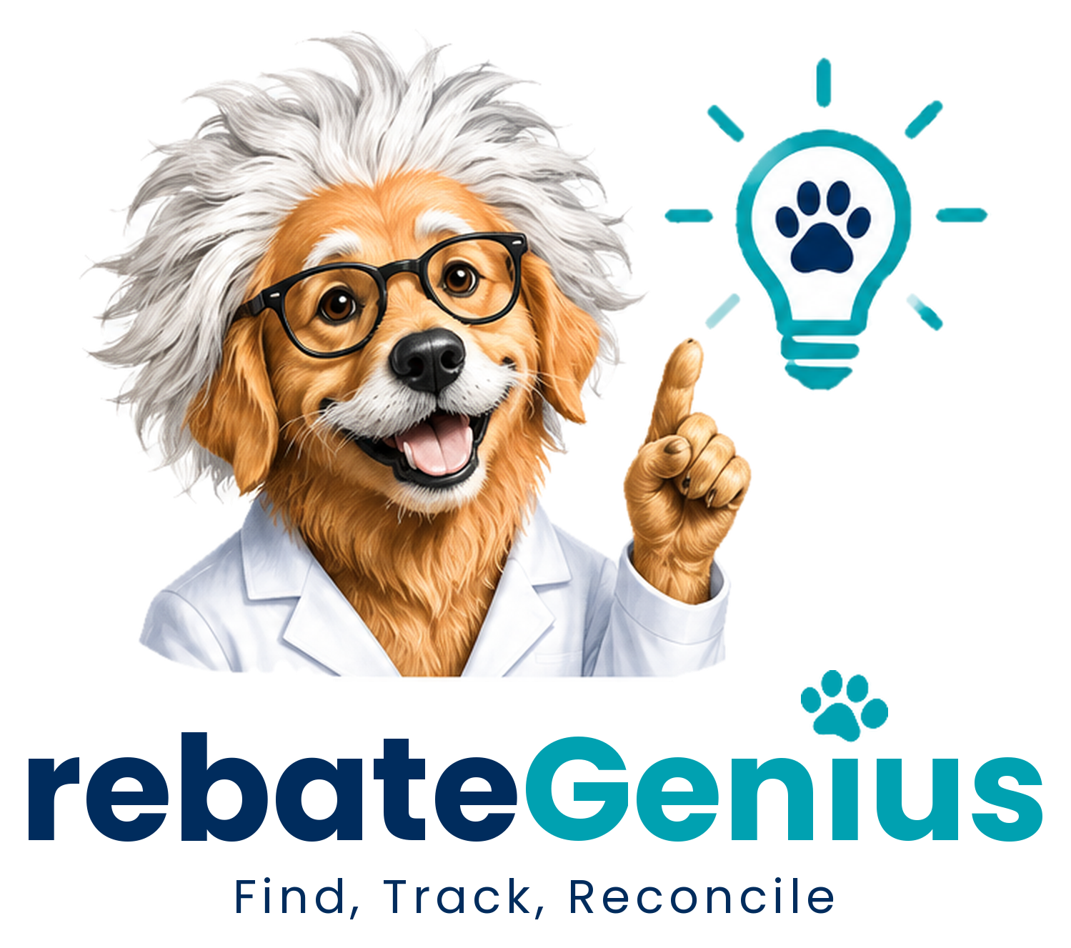 rebateGenius mascot: a golden retriever with a paw-print lightbulb